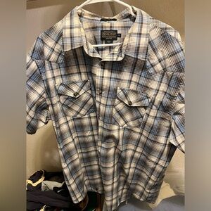 Pendleton Frontier Men’s Shirt XXL Blue Plaid Pearl Snap Pockets Short Sleeve